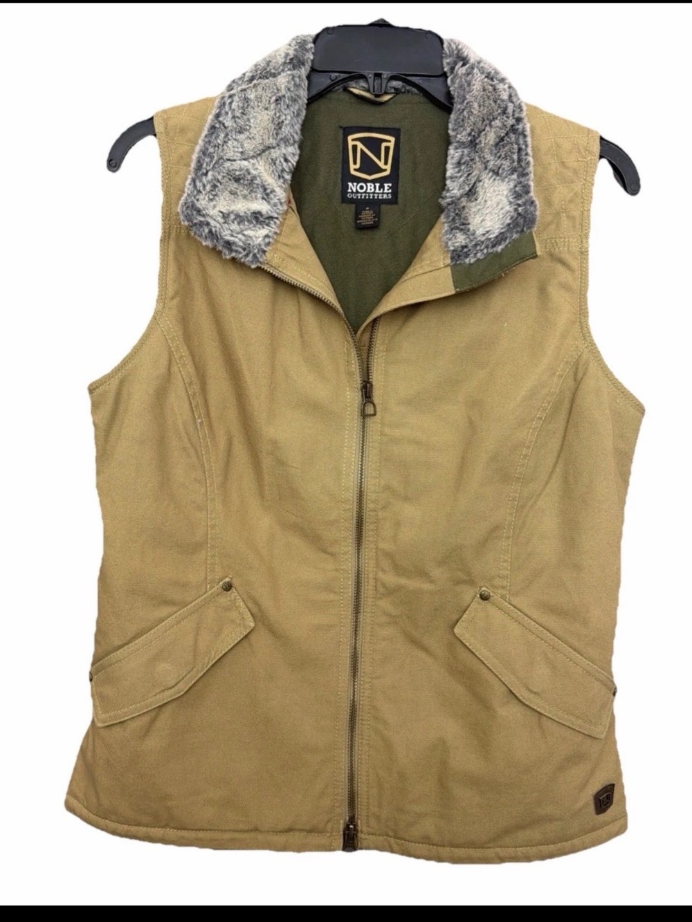 Noble Outfitters Women's Canvas Vest Faux Fur Collar Tan Khaki Size M